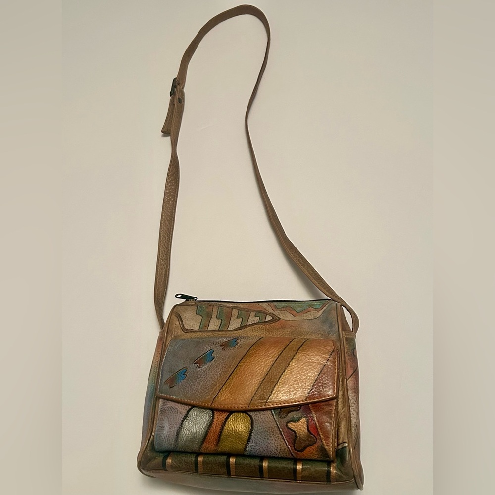 Anuschka Leather Multicolor Artistic Crossbody Bag With Original Dust Cover.